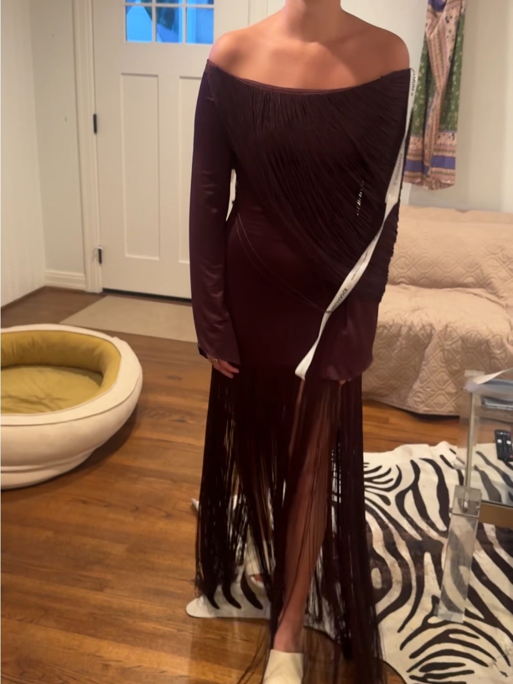 Off-Shoulder Burgundy Fringe Evening Gown